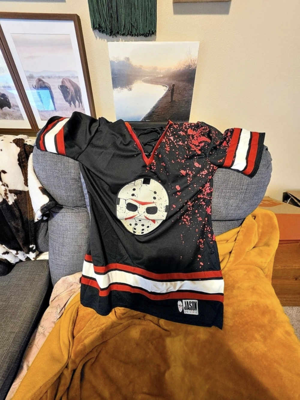 Jason Voorhees Hockey Jersey Costume Dress Black & Red Size XL